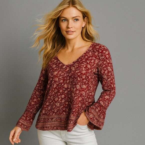 Lucky Brand Medium Red Floral Boho Bell Sleeve Peasant Cottagecore Top Preppy - Picture 1 of 7